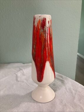 White Ceramic lava lamp bud Vase with Red and Orange Drip Glaze